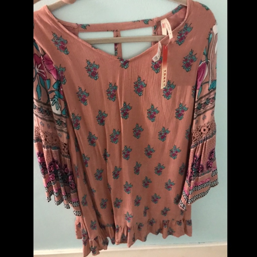 Boho Pink Printed Bell-Sleeve Dress